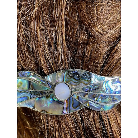 Vintage Alpaca Silver ? Hair Barrette with Inlaid Mother of Pearl and Abalone - Picture 1 of 8